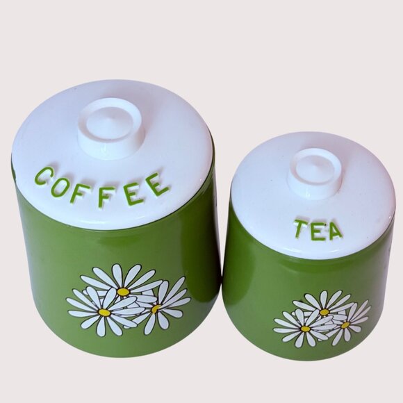 Vintage Green Daisy Coffee & Tea Canister Set With White Lids Retro Kitchen Deco - Picture 2 of 16